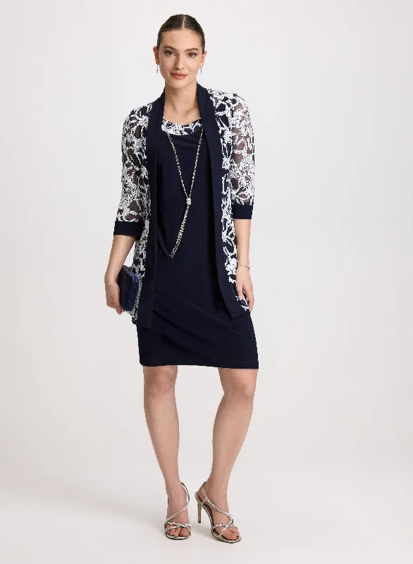 Midi dresses with asymmetric hems for a fashion - forward and dynamic appearance Sheer Floral Jacket & Dress Set Midi dresses with asymmetric hems for a fashion - forward and dynamic appearance Sheer Floral Jacket & Dress Set