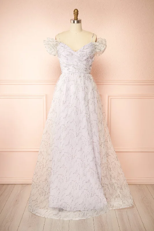 Midi dresses with pleated bodices for a classic and tailored look Ahbee Lavender | Off-Shoulder Floral Maxi Organza Dress Midi dresses with pleated bodices for a classic and tailored look Ahbee Lavender | Off-Shoulder Floral Maxi Organza Dress