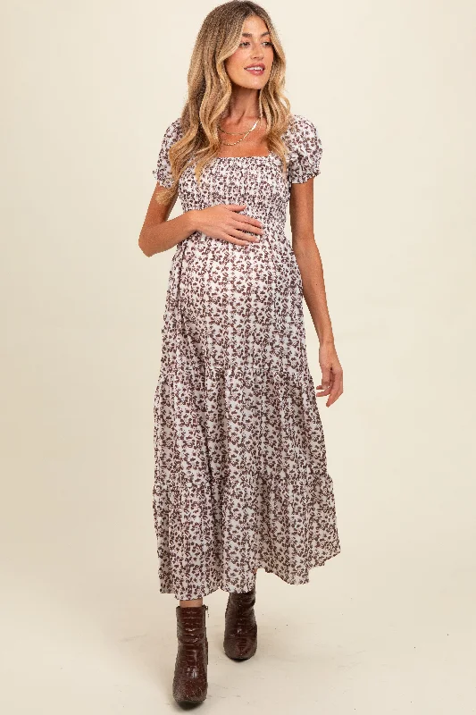 Long sleeve maternity maxi dress for winter Brown Floral Puff Sleeve Smocked Maternity Maxi Dress Long sleeve maternity maxi dress for winter Brown Floral Puff Sleeve Smocked Maternity Maxi Dress