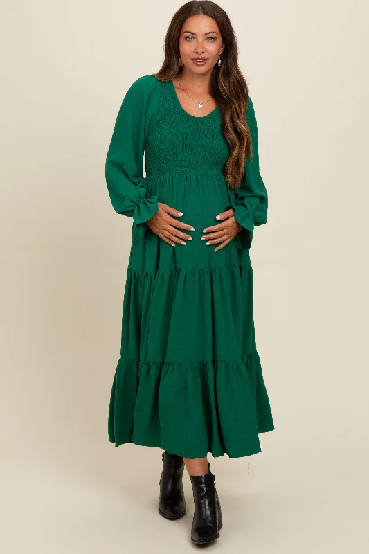 Maternity dress with empire waist for added comfort Green Smocked Tiered Long Sleeve Maternity Maxi Dress Maternity dress with empire waist for added comfort Green Smocked Tiered Long Sleeve Maternity Maxi Dress