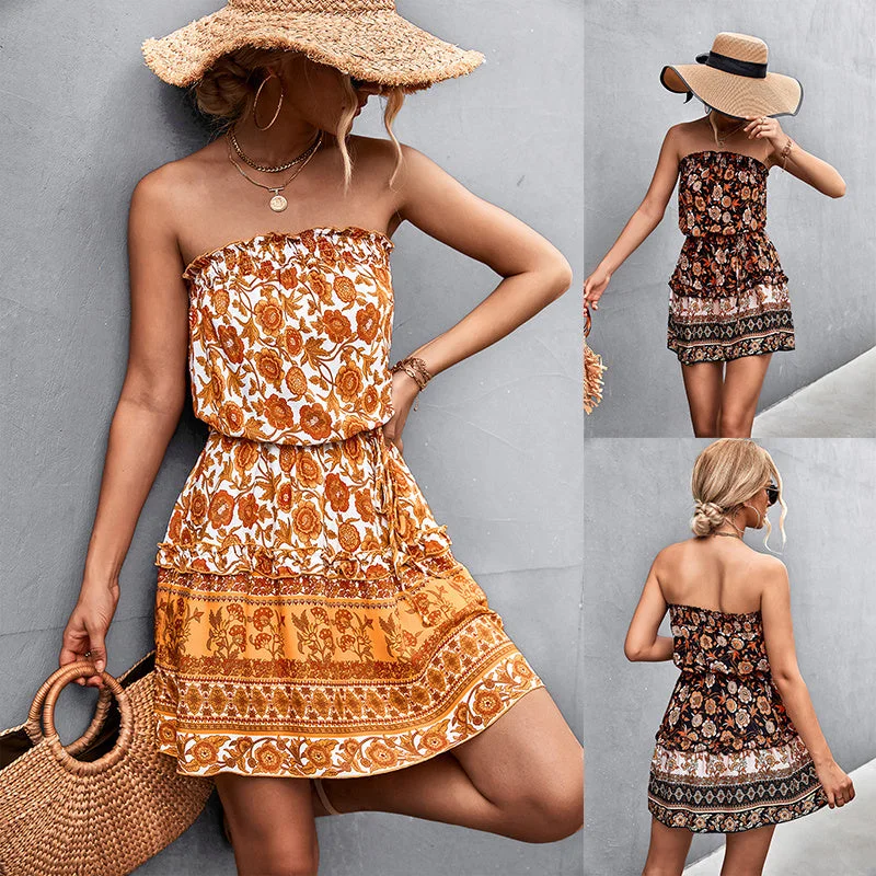 Everyday Dress with Gathering on the Skirt for a Voluminous Look Bohemian Summer Floral Print Mini Strapless Dress Everyday Dress with Gathering on the Skirt for a Voluminous Look Bohemian Summer Floral Print Mini Strapless Dress
