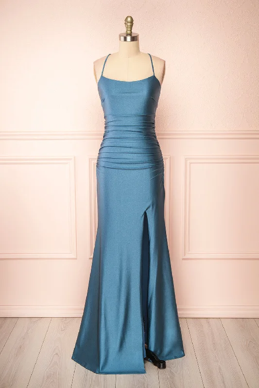 Midi dresses with V - necklines for a flattering and elongating effect Sonia Blue Grey | Mermaid Maxi Dress w/ Slit Midi dresses with V - necklines for a flattering and elongating effect Sonia Blue Grey | Mermaid Maxi Dress w/ Slit