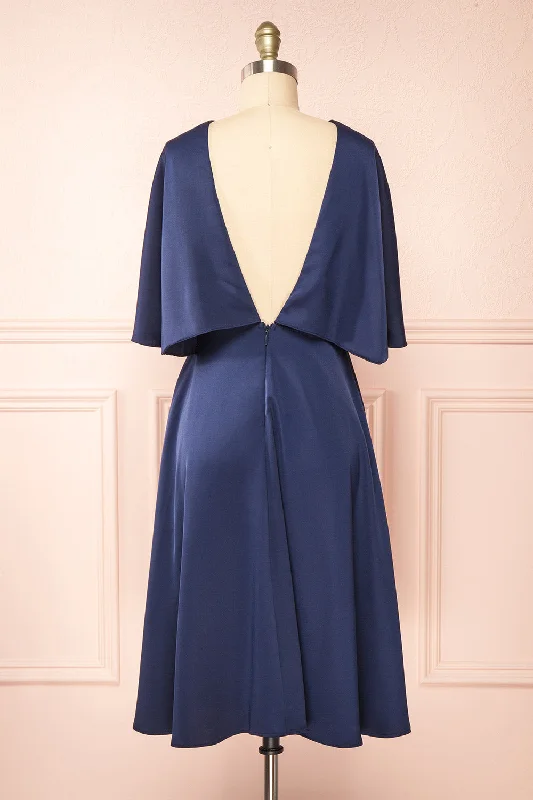 Midi dresses with button - down skirts for a unique and functional design Tordis Navy | Satin Midi Dress w/ Bell Sleeves Midi dresses with button - down skirts for a unique and functional design Tordis Navy | Satin Midi Dress w/ Bell Sleeves