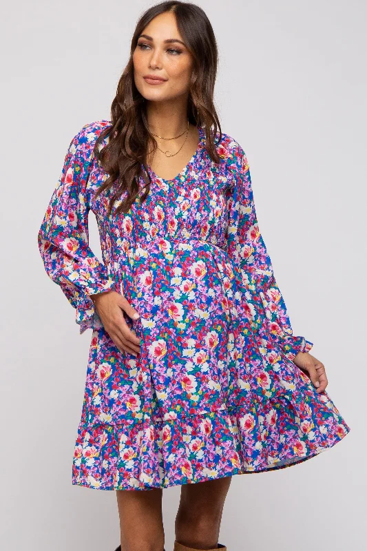 Maternity dress for a brunch with friends Royal Blue Floral Smocked V-Neck Maternity Dress Maternity dress for a brunch with friends Royal Blue Floral Smocked V-Neck Maternity Dress