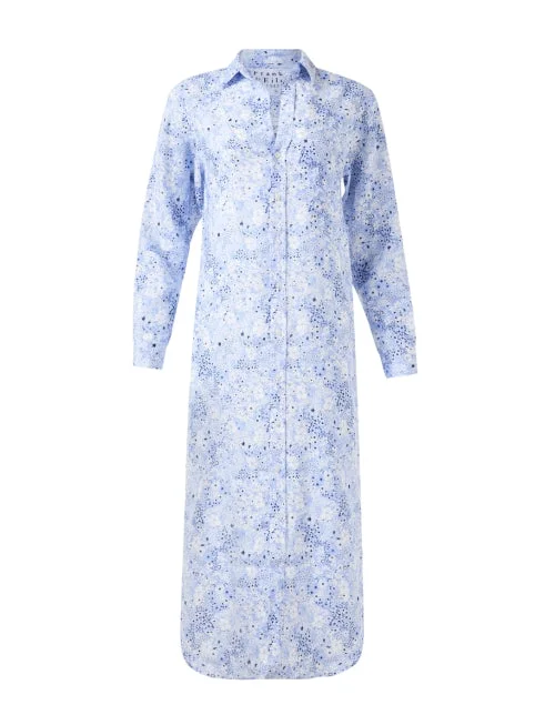 Everyday Dress with Shiny Metallic Thread for a Festive Feel Rory Blue Print Linen Shirt Dress Everyday Dress with Shiny Metallic Thread for a Festive Feel Rory Blue Print Linen Shirt Dress