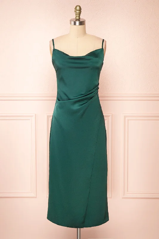 Midi dresses with belted waists to accentuate the figure Chloe Green | Satin Cowl Neck Midi Dress Midi dresses with belted waists to accentuate the figure Chloe Green | Satin Cowl Neck Midi Dress