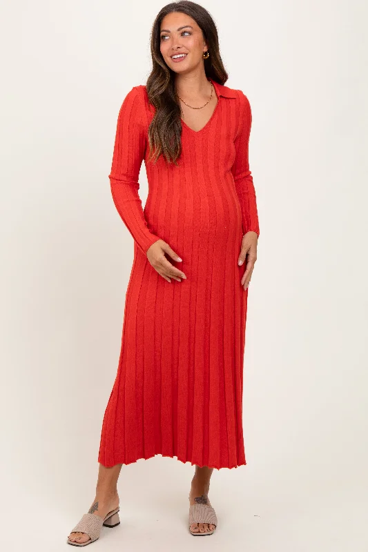 Maternity dress for a picnic in the park Red Wide Ribbed Knit Collared Maternity Midi Dress Maternity dress for a picnic in the park Red Wide Ribbed Knit Collared Maternity Midi Dress