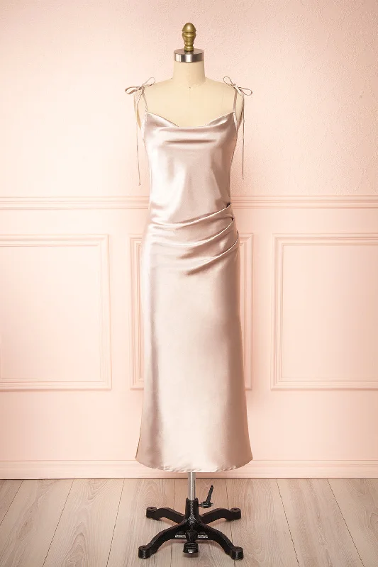 Midi dresses with tiered skirts for a bohemian festival look Elyse Champagne | Cowl Neck Midi Dress Midi dresses with tiered skirts for a bohemian festival look Elyse Champagne | Cowl Neck Midi Dress