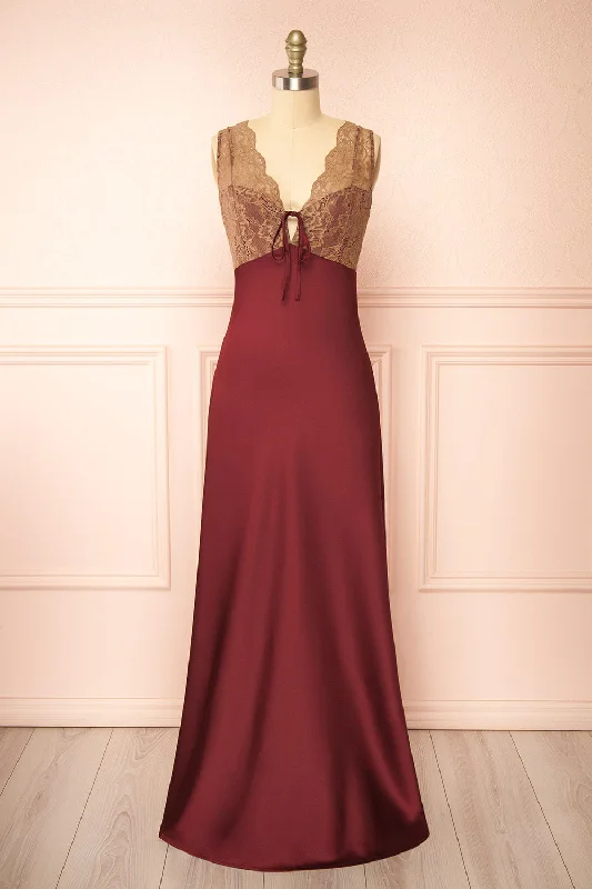 Midi dresses with lace - up fronts for a unique and adjustable style Evara Burgundy | Maxi Satin Slip Dress w/ Lace Midi dresses with lace - up fronts for a unique and adjustable style Evara Burgundy | Maxi Satin Slip Dress w/ Lace