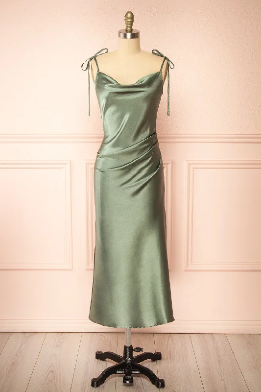 Midi dresses with fringe details for a fun and energetic style Elyse Khaki | Cowl Neck Midi Dress Midi dresses with fringe details for a fun and energetic style Elyse Khaki | Cowl Neck Midi Dress