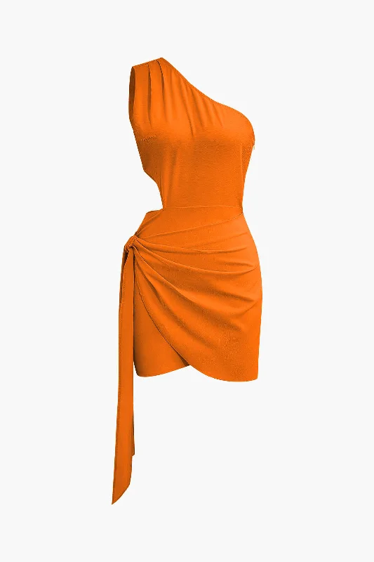 Metallic mini dresses for a glamorous event Asymmetrical Cut Out Ruched Tie Mini Dress