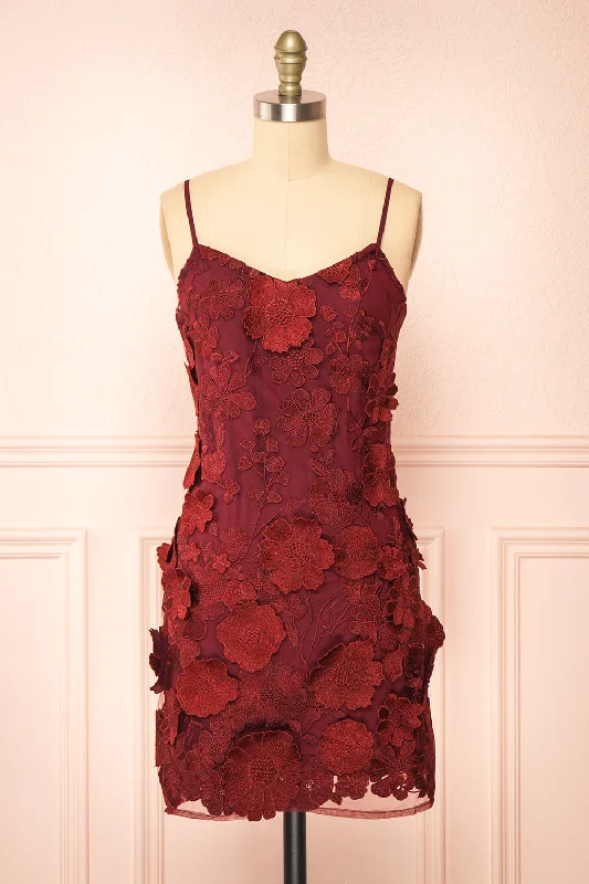 Midi dresses with satin - finish fabrics for a luxurious feel Liliane Burgundy | Short Mesh Dress w/ Floral Appliqués Midi dresses with satin - finish fabrics for a luxurious feel Liliane Burgundy | Short Mesh Dress w/ Floral Appliqués