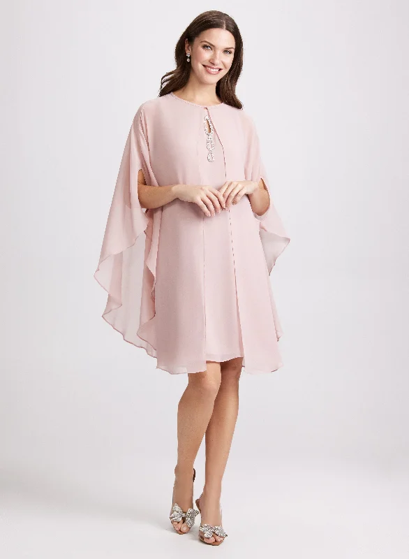 Midi dresses with geometric cutouts for a contemporary and edgy look Chiffon Cape & Midi Dress Midi dresses with geometric cutouts for a contemporary and edgy look Chiffon Cape & Midi Dress