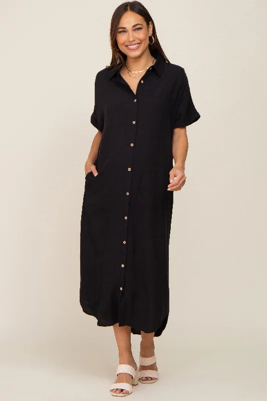 Maternity dress for a baby's first visit to the informal garden Black Button Down Maternity Midi Dress Maternity dress for a baby's first visit to the informal garden Black Button Down Maternity Midi Dress