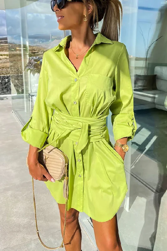 Everyday Dress with Smocked Bodice for a Fitted Look Urban Casual Rolled Sleeves Shirt Dress Everyday Dress with Smocked Bodice for a Fitted Look Urban Casual Rolled Sleeves Shirt Dress