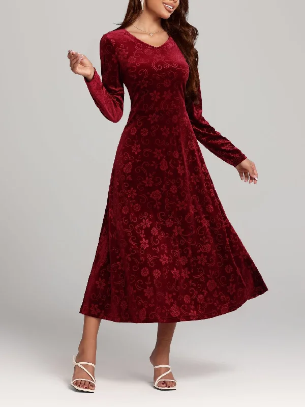 Everyday Sheath Dress in Wool for Winter Flower Print V-Neck Long Sleeve Midi Dress Everyday Sheath Dress in Wool for Winter Flower Print V-Neck Long Sleeve Midi Dress