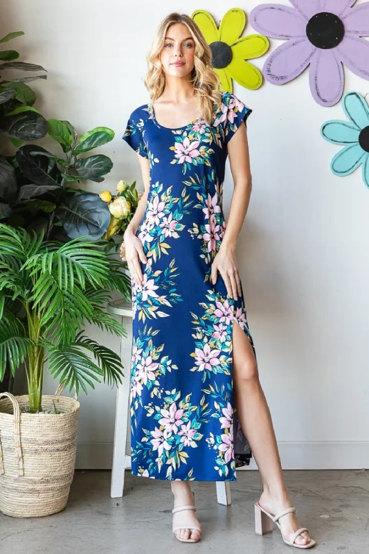  Floral Blue Maxi Dress  Short Sleeve