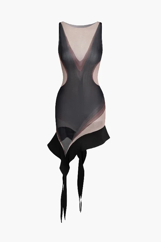Mini dresses with pom - pom trims for a playful feel Sheer Abstract Mesh Asymmetric Mini Dress Mini dresses with pom - pom trims for a playful feel Sheer Abstract Mesh Asymmetric Mini Dress