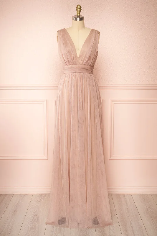 Midi dresses with off - the - shoulder necklines for a flirty look Samina Taupe | Tulle Maxi Dress w/ Plunging Neckline Midi dresses with off - the - shoulder necklines for a flirty look Samina Taupe | Tulle Maxi Dress w/ Plunging Neckline