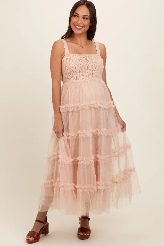 Bohemian style maternity dress for beach weddings Beige Smocked Ruffle Tiered Tulle Maternity Midi Dress Bohemian style maternity dress for beach weddings Beige Smocked Ruffle Tiered Tulle Maternity Midi Dress