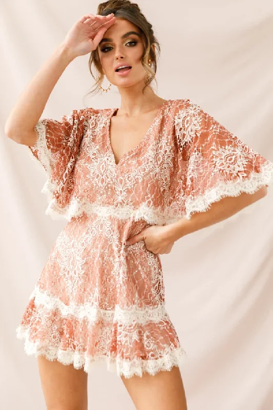 Sheer mini dresses with lace inserts Caspar Batwing Lace Dress Rose/Beige