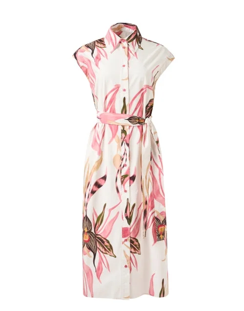 Everyday Dress with Embroidered Patches for a Bohemian Look​ White and Pink Leaf Print Dress