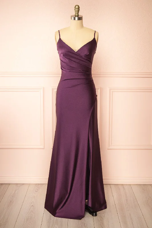 Midi dresses with button - down skirts for a unique and functional design Nyra Purple | Mermaid Dress w/ Wrapped Bodice Midi dresses with button - down skirts for a unique and functional design Nyra Purple | Mermaid Dress w/ Wrapped Bodice