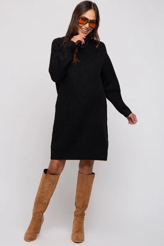 Maternity dress for maternity yoga classes Black Mock Neck Maternity Sweater Dress