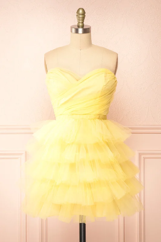 Midi dresses with tiered skirts for a bohemian festival look Myrah Yellow | Strapless Tiered Tulle Short Dress Midi dresses with tiered skirts for a bohemian festival look Myrah Yellow | Strapless Tiered Tulle Short Dress
