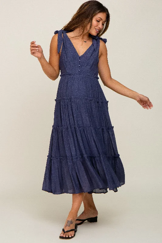 Maternity dress for a city sightseeing trip Navy Blue Linen Button Front Shoulder Tie Tiered Maternity Midi Dress Maternity dress for a city sightseeing trip Navy Blue Linen Button Front Shoulder Tie Tiered Maternity Midi Dress