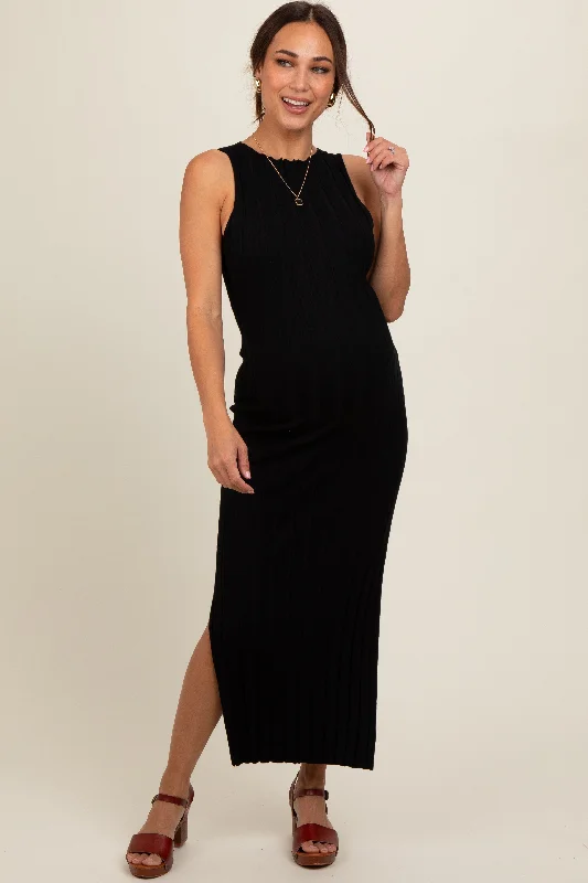 V neck maternity bodycon dress for photoshoot Black Sleeveless Knit Side Slit Maternity Midi Dress V neck maternity bodycon dress for photoshoot Black Sleeveless Knit Side Slit Maternity Midi Dress