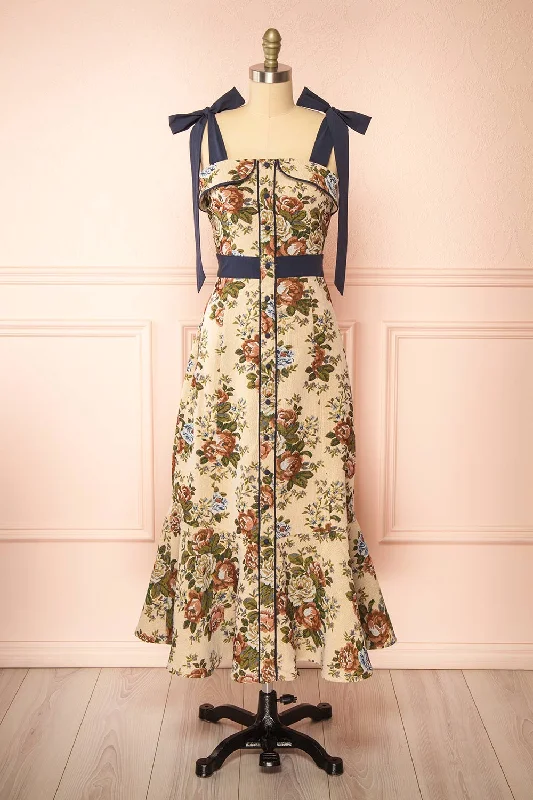 Midi dresses with cotton - blend materials for everyday comfort Lonnie | Long Jacquard Dress w/ Tie Straps Midi dresses with cotton - blend materials for everyday comfort Lonnie | Long Jacquard Dress w/ Tie Straps