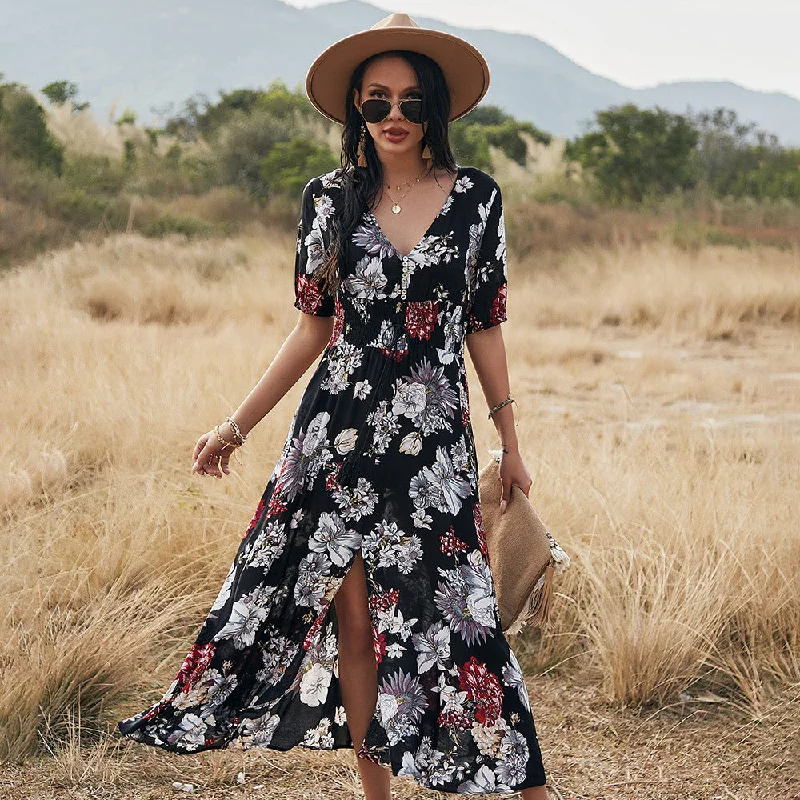 Everyday Dress with Elastic - cuffed Sleeves for a Casual Look Floral V Neck Elastic Waist Summer Dress Everyday Dress with Elastic - cuffed Sleeves for a Casual Look Floral V Neck Elastic Waist Summer Dress