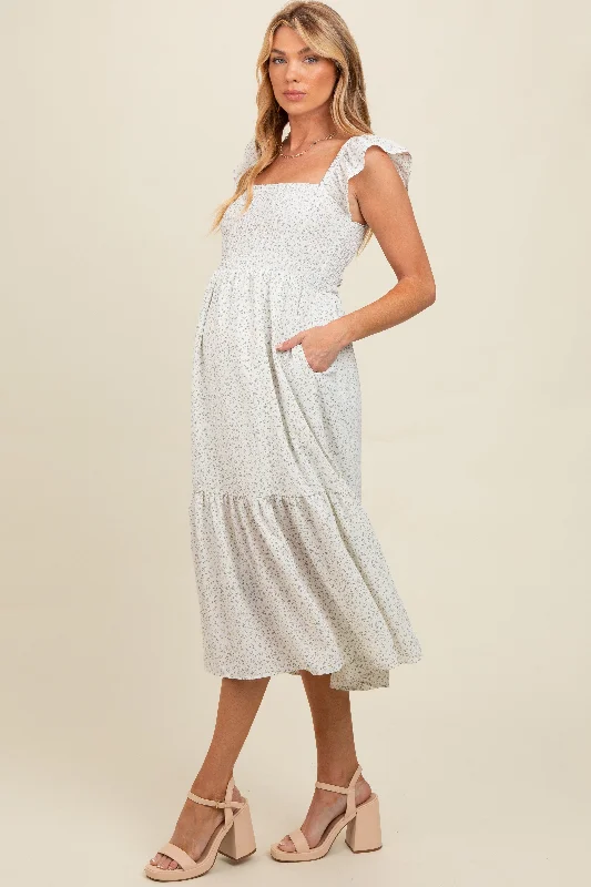 Maternity dress for a baby's naming ceremony Cream Ruffle Strap Smocked Maternity Mid Dress Maternity dress for a baby's naming ceremony Cream Ruffle Strap Smocked Maternity Mid Dress