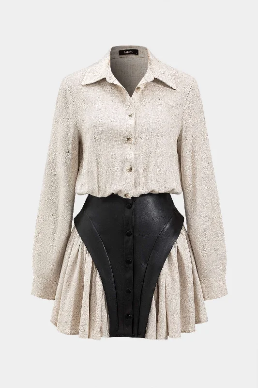 Mini dresses with geometric prints for a modern aesthetic Faux Leather Linen Tie Front Button Patchwork Long Sleeve Mini Dress Mini dresses with geometric prints for a modern aesthetic Faux Leather Linen Tie Front Button Patchwork Long Sleeve Mini Dress
