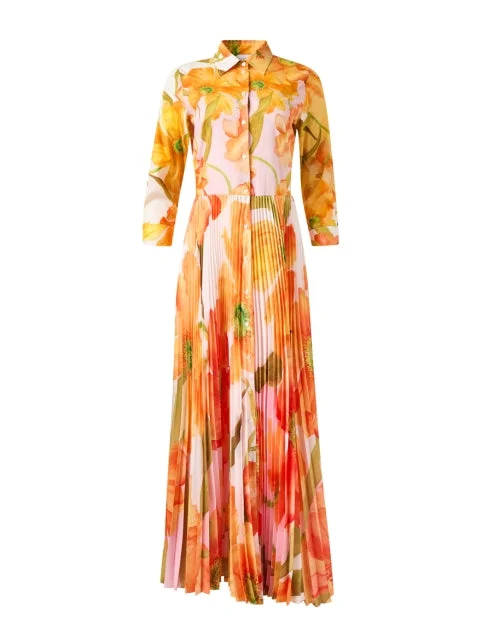 Everyday Dress with Pleated Skirt for a Feminine Touch Tosca Orange Floral Print Dress Everyday Dress with Pleated Skirt for a Feminine Touch Tosca Orange Floral Print Dress