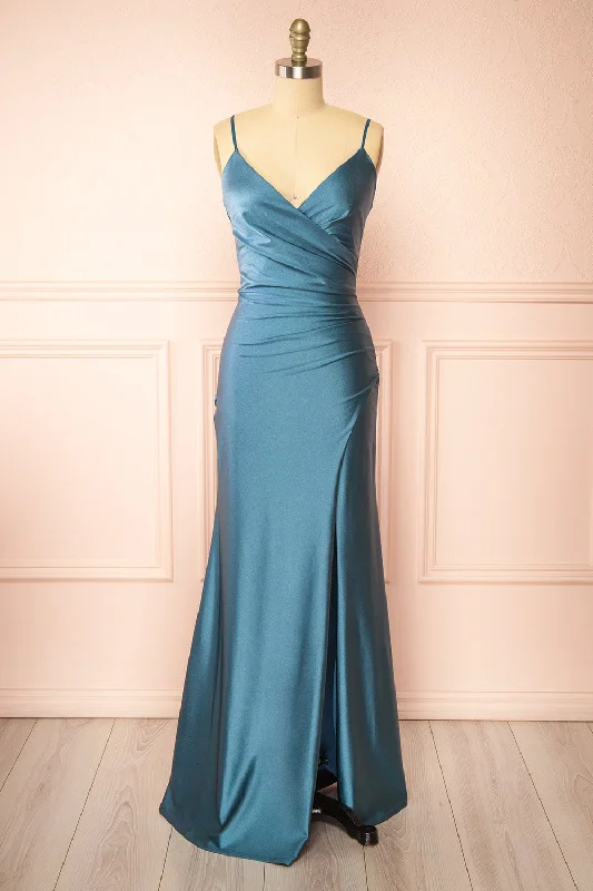 Midi dresses with button - front designs for a classic touch Nyra Blue Grey | Mermaid Dress w/ Wrapped Bodice Midi dresses with button - front designs for a classic touch Nyra Blue Grey | Mermaid Dress w/ Wrapped Bodice