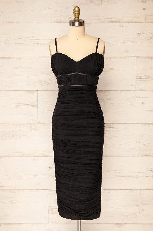 Midi dresses with printed lining for a hidden and stylish detail Rilievo | Black Ruched Fitted Midi Dress Midi dresses with printed lining for a hidden and stylish detail Rilievo | Black Ruched Fitted Midi Dress