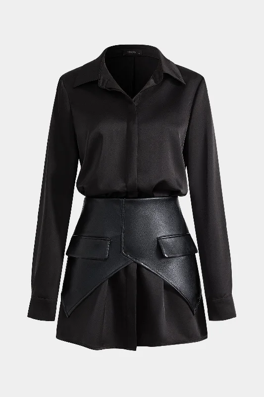 Mini dresses with tassel accents for a fun touch Satin Faux Leather Pocket Button Zipper Long Sleeve Mini Dress Mini dresses with tassel accents for a fun touch Satin Faux Leather Pocket Button Zipper Long Sleeve Mini Dress