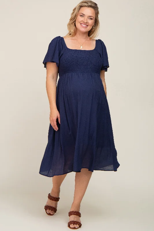 Maternity dress for a baby's first train journey Navy Blue Smocked Square Neck Flutter Short Sleeve Maternity Plus Midi Dress Maternity dress for a baby's first train journey Navy Blue Smocked Square Neck Flutter Short Sleeve Maternity Plus Midi Dress