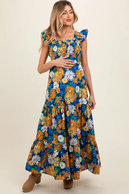 Maternity dress for a baby's first visit to the winery Blue Floral Smocked Tiered Maternity Maxi Dress Maternity dress for a baby's first visit to the winery Blue Floral Smocked Tiered Maternity Maxi Dress