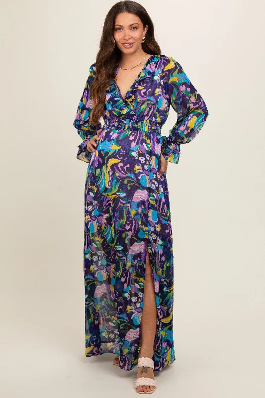 Nursing friendly maternity dress for breastfeeding Purple Print Ruffle Long Sleeve Maternity Maxi Dress Nursing friendly maternity dress for breastfeeding Purple Print Ruffle Long Sleeve Maternity Maxi Dress