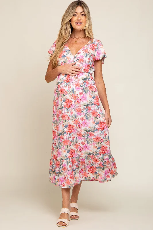Maternity dress for a movie night out Ivory Multi-Color Floral Maternity Maxi Dress