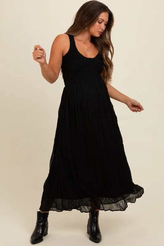 Plus size maternity dress for curvy moms - to - be Black Textured Smocked Bodice Sleeveless Maternity Maxi Dress Plus size maternity dress for curvy moms - to - be Black Textured Smocked Bodice Sleeveless Maternity Maxi Dress