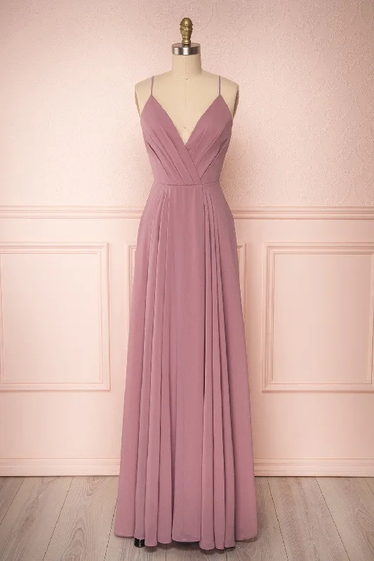 A - line midi dresses with floral prints for spring brunches Aelis Mauve | Pleated Plunging V-Neckline Gown A - line midi dresses with floral prints for spring brunches Aelis Mauve | Pleated Plunging V-Neckline Gown