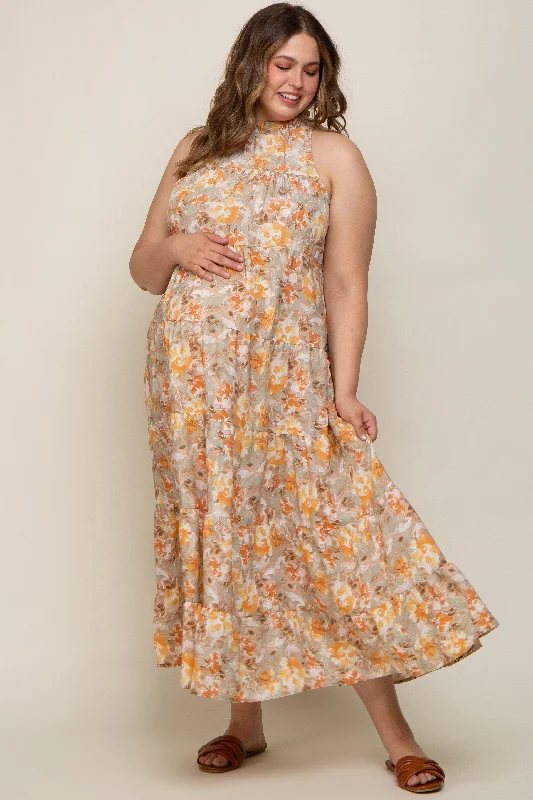 Maternity dress for home - based moms Taupe Floral Ruffle Mock Neck Tiered Maternity Plus Maxi Dress Maternity dress for home - based moms Taupe Floral Ruffle Mock Neck Tiered Maternity Plus Maxi Dress