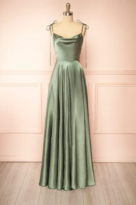 Midi dresses with button - front designs for a classic touch Moira Khaki | Cowl Neck Satin Maxi Dress w/ High Slit Midi dresses with button - front designs for a classic touch Moira Khaki | Cowl Neck Satin Maxi Dress w/ High Slit
