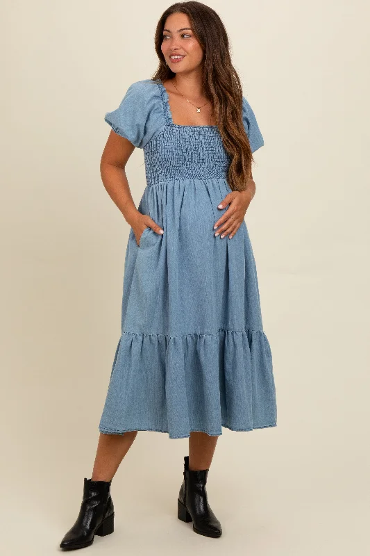 Maternity dress for a baby's first visit to the water garden Light Blue Vintage Wash Chambray Smocked Maternity Midi Dress Maternity dress for a baby's first visit to the water garden Light Blue Vintage Wash Chambray Smocked Maternity Midi Dress