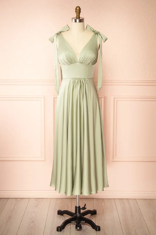 Midi dresses with button - down skirts for a unique and functional design Vida Sage | Satin Midi Dress w/ Tie Straps Midi dresses with button - down skirts for a unique and functional design Vida Sage | Satin Midi Dress w/ Tie Straps