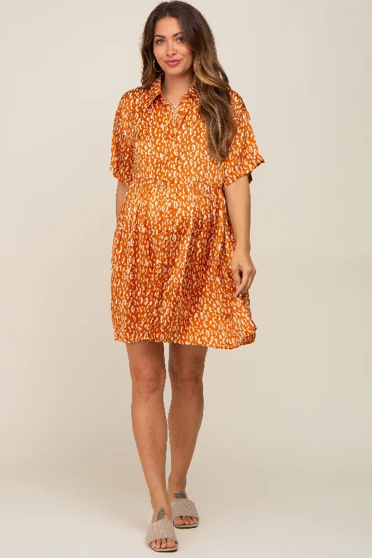 Maternity dress for a baby's first visit to the forest Rust Printed Satin Collared Maternity Dress Maternity dress for a baby's first visit to the forest Rust Printed Satin Collared Maternity Dress